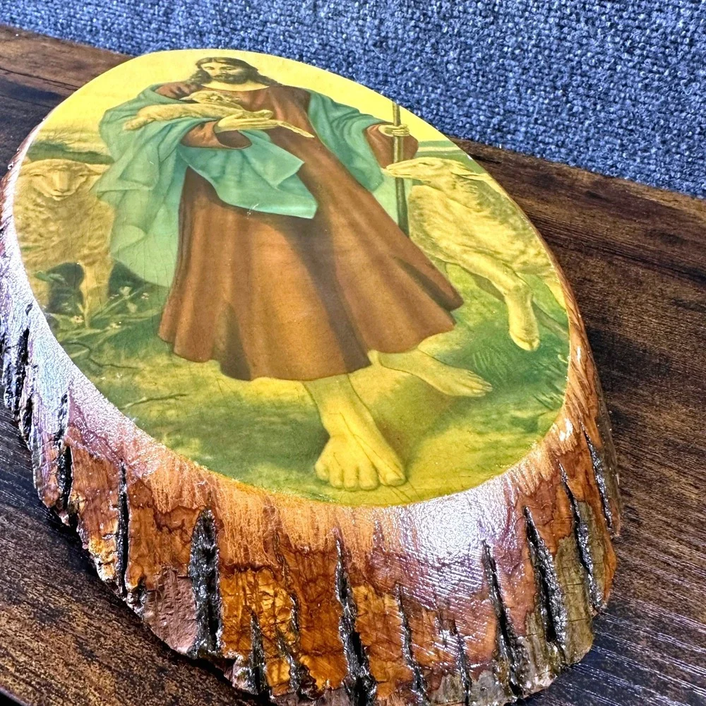 Vintage 1960's Jesus the Good Shepherd on Wood Bark 17